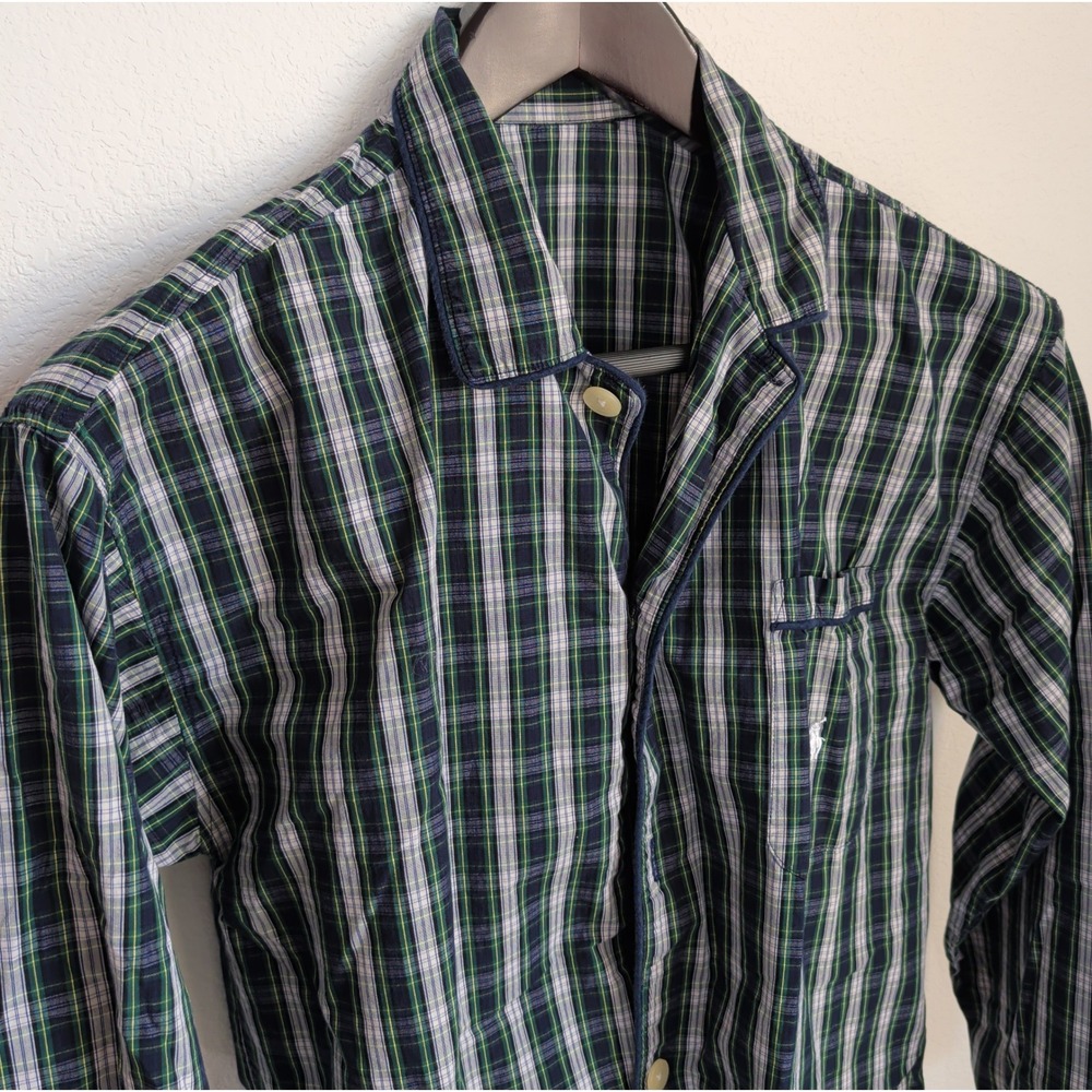 Ralph Lauren Polo Mens Plaid Pajama Top Sleep Shirt Navy Green White Cotton